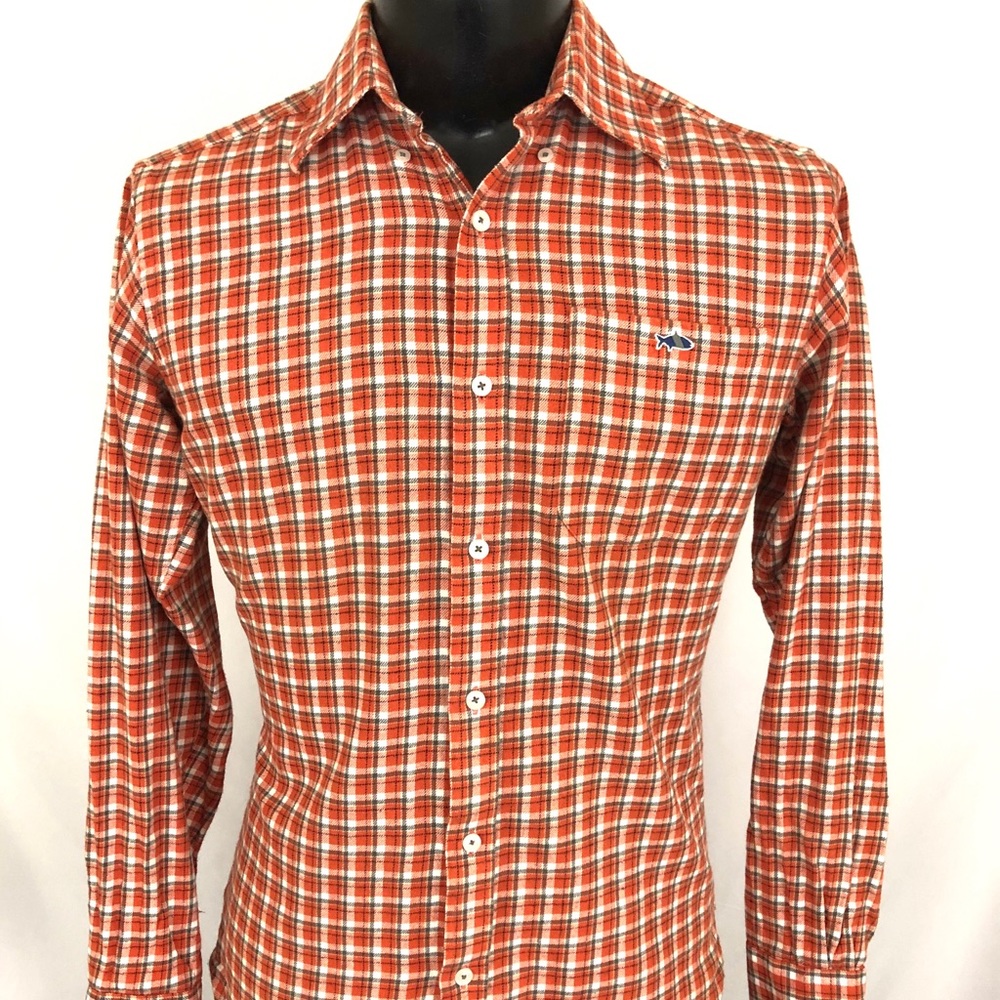 Fish Hippie Button Up Shirt Plaid Orange Gray S